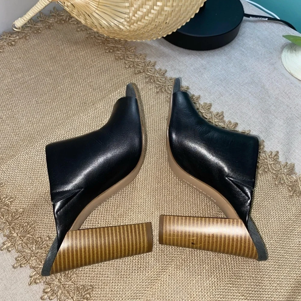 H by Halston Black Open-Toe Mule Heels with Striped Wood Block Heel